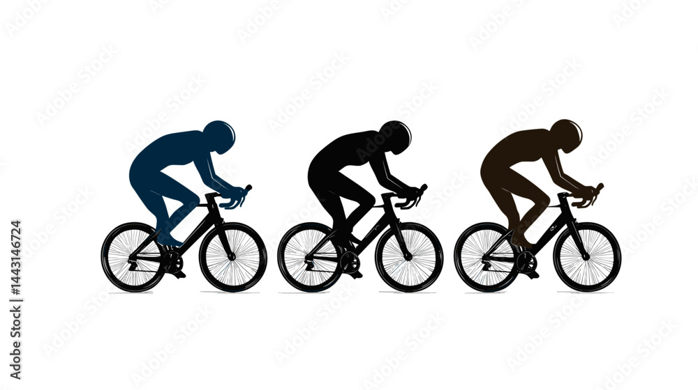 Fototapeta premium Three Cyclist Silhouettes Riding Bikes in Blue Black and Brown