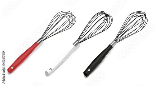 Three Metal Whisks with Red White and Black Handles on White Background