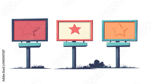 Three Retro Billboards with Stars: Red, Orange, and Teal Pixel Art Illustration