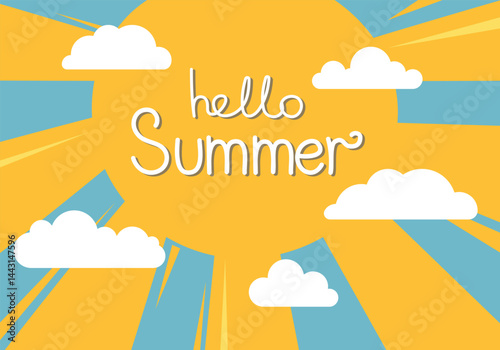 Hello summer. Illustration of a large bright sun and white clouds.