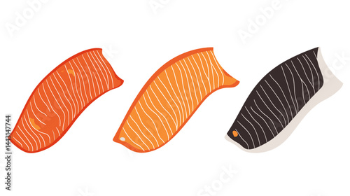 Three Slices Of Fish Illustration: Orange, Red And Black On White Background