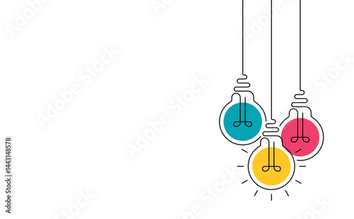Multicolor hanging light bulbs on white background. Continuous line drawing light bulb. Concept of idea