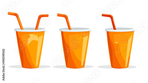 Three Orange Paper Cups with Straws on White Background