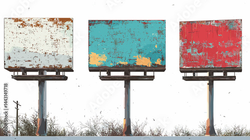 Three Rusted Billboards with Blank Spaces Against a White Background