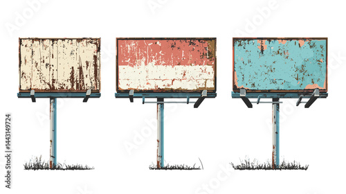Three Rusted Vintage Billboards on White Background