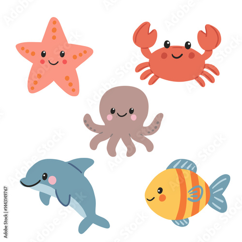 Cute cartoon sea animals set with smiling starfish, colorful fish, happy octopus, cheerful crab and playful dolphin. Flat vector illustration for kids and marine themes. 