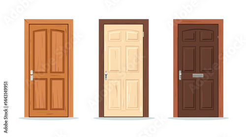Three Wooden Door Designs: Brown, Beige, and Dark Wood Panel Doors