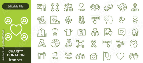 Charity and Donation set of web icons in line style. Volunteering and donation icons for web and mobile app. Help, caring, solidarity, alms, donate, volunteer, care, charity and more. Editable stroke