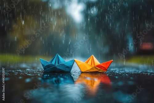 Colorful paper boats in a rainy puddle
