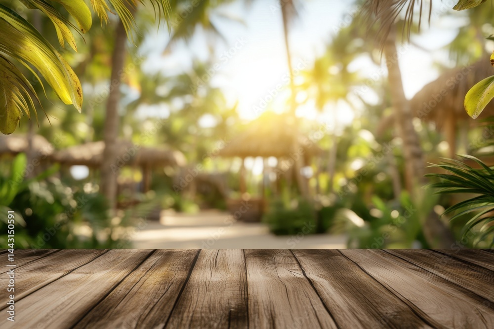 Fototapeta premium Serene tropical paradise backdrop with palm trees and wooden deck evoking relaxation and vacation vibes suitable for travel and lifestyle photography and design projects