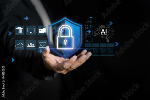 Businessman artificial intelligence using holographic secure digital business platforms utilize data encryption, internet security, and finance protection for safe banking technology implementation