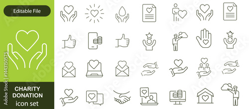 Charity and Donation set of web icons in line style. Volunteering and donation icons for web and mobile app. Help, caring, solidarity, alms, donate, volunteer, care, charity and more. Editable stroke