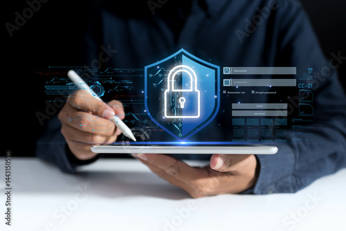 Businessman using digital tablet Privacy protection enhanced through secure password management, digital safety measures, encrypted datum and advanced technology to strengthen security in cyberspace