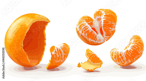 Bright Orange Mandarin Segments and Peel on White Background