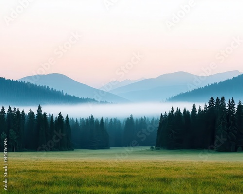 Breathtaking panoramic view of a mistcovered meadow, early morning fog enhancing the peaceful atmosphere