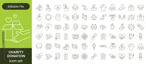 Charity and Donation set of web icons in line style. Volunteering and donation icons for web and mobile app. Help, caring, solidarity, alms, donate, volunteer, care, charity and more. Editable stroke