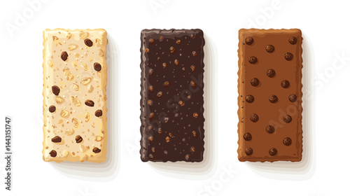 Three Granola Bars with Chocolate Chips on White Background