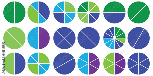 Pie chart color icons. Pie chart sign. Circle section graph. Wheel round diagram parts. pie charts data, pie charts infographic, pie chart bar graphs. Charts diagram segment infographic