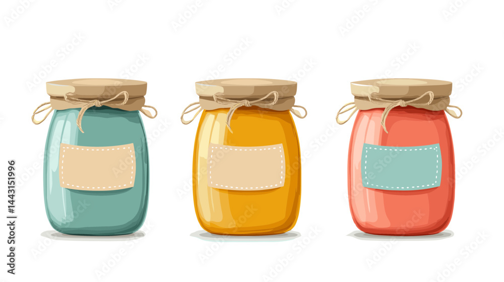 Three Pastel Glass Jars with Blank Labels on White Background