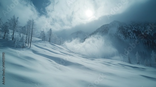 Massive avalanche with a blizzard in snow-covered mountains, showcasing the power of nature -