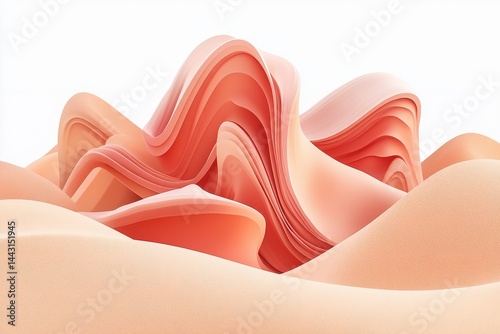 Abstract landscape of swirling coral and beige forms.  Soft, flowing organic shapes