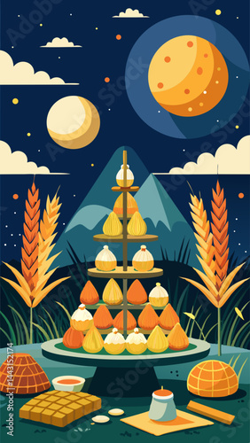 A mountain range is shown in the background with a large moon in the sky. A table is set with a variety of foods, including a large cake