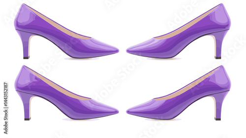 Four Pairs of Purple Pointed-Toe High Heels on White Background