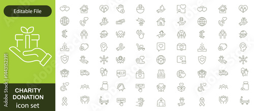 Charity and Donation set of web icons in line style. Volunteering and donation icons for web and mobile app. Help, caring, solidarity, alms, donate, volunteer, care, charity and more. Editable stroke