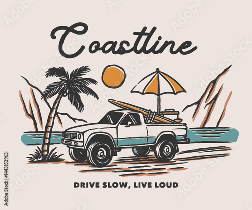 A pickup truck parked by a beach coastline with a surfboard, umbrella, and palm trees, rendered in a vintage summer color palette with retro adventure vibes.