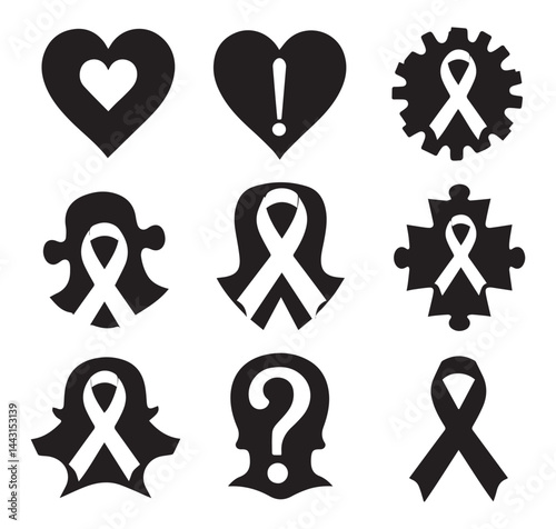 This image features a grid of nine modern black-and-white vector icons, each centered around themes of health awareness and support