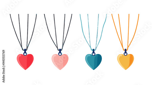 Colorful Heart Necklaces: A Row of Pink, Red, Teal, and Gold Heart Pendants on Dark Blue Strings