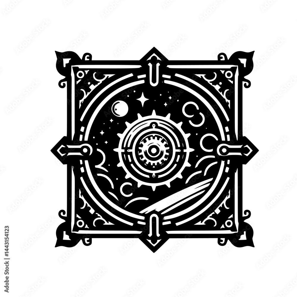 Intricate Steampunk Celestial Emblem - Black & White Design