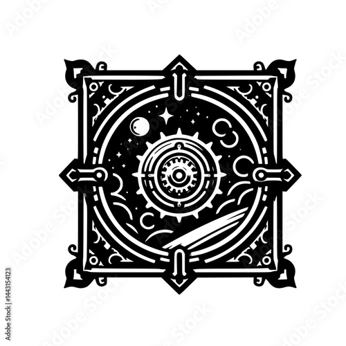 Obraz na płótnie Intricate Steampunk Celestial Emblem - Black & White Design w salonie