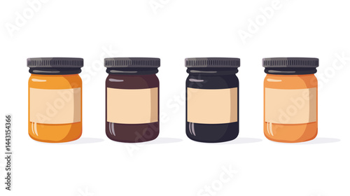 Four Glass Jars with Blank Labels on White Background