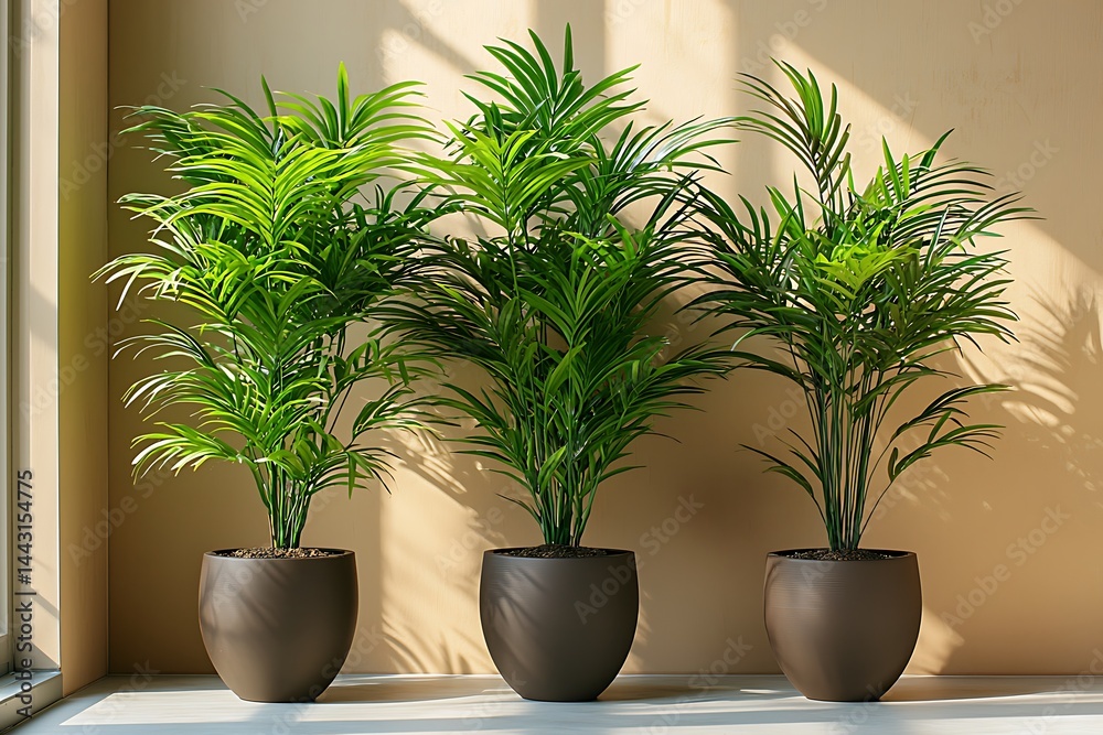 Three potted palms bask in sunlight