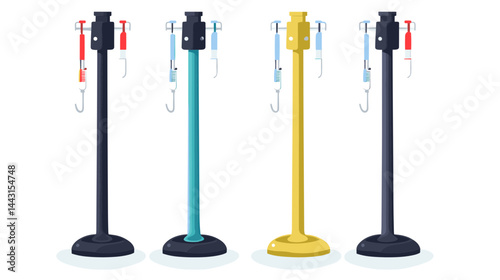 Four Retractable Belt Stanchions in Black, Teal, Gold, and Dark Gray