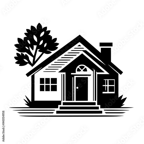 Black and White House Vector with Tree, Home Illustration