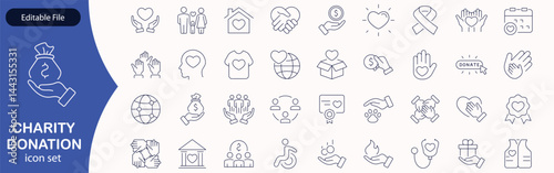 Charity and Donation set of web icons in line style. Volunteering and donation icons for web and mobile app. Help, caring, solidarity, alms, donate, volunteer, care, charity and more. Editable stroke