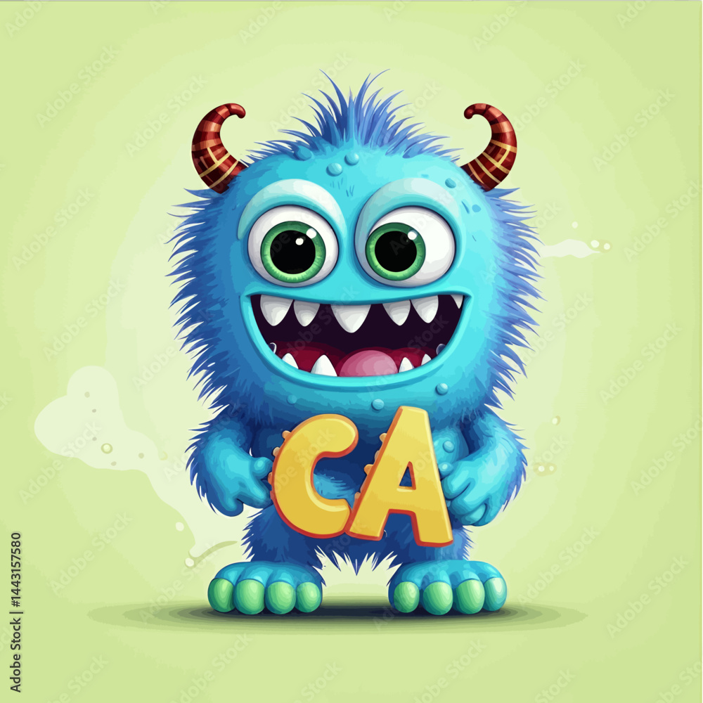Fototapeta premium Cute_Blue_Monster_Cartoon_Character_Holding_CA_Letters_Smiling_Funny_Monster_Illustration_with_Horns_and_Big_Eyes_Whimsical_Monster_Art_for_Kids_and_Designers