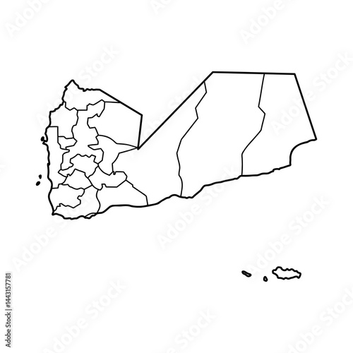 Minimalist black and white outline map of Yemen with internal region borders, simple vector illustration for geography, education, and design use