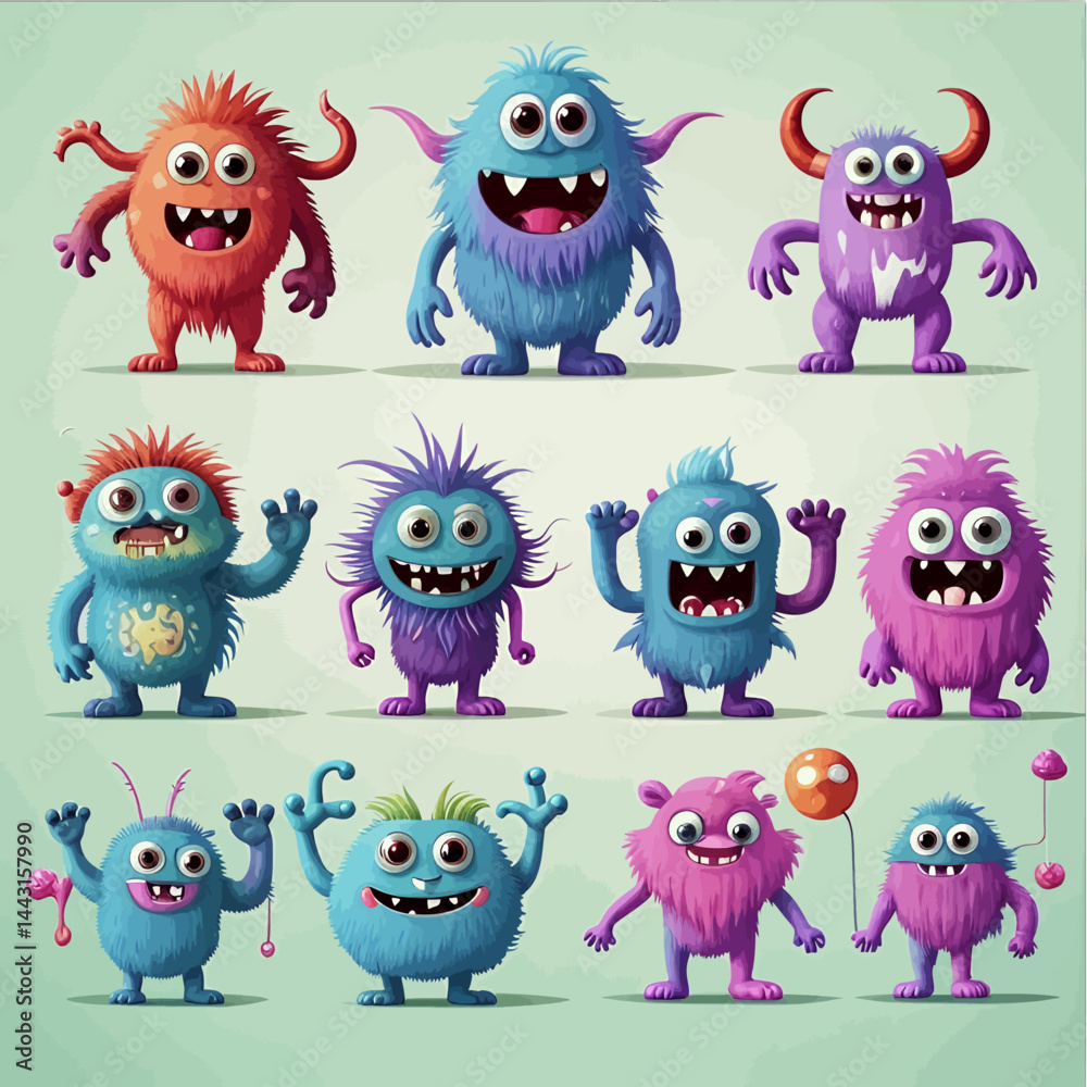 Obraz premium Cute_Cartoon_Monster_Characters_Adorable_Furry_Creatures_for_Kids_Books_and_Games_Vibrant_Colors_Playful_Designs_Funny_Illustrations_Monster_Party