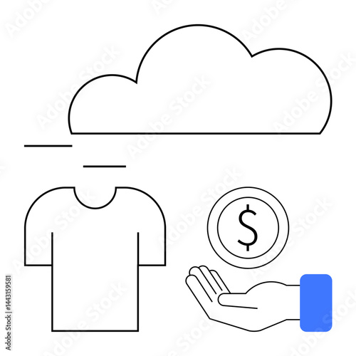 Cloud above shirt, hand with coin representing online business. Ideal for e-commerce, digital payments, cloud storage, sustainability, online retailing, financial transactions, simple landing page