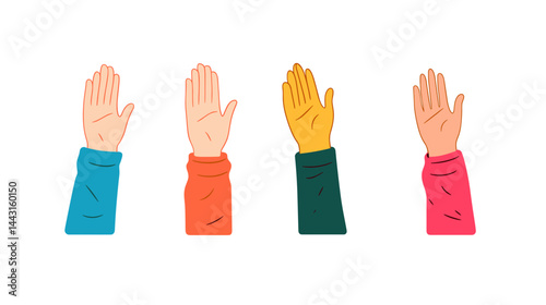Four Hands Raised in Colorful Pixel Art Illustration
