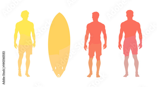 Warm Colored Surfer Silhouettes with Surfboard on White Background