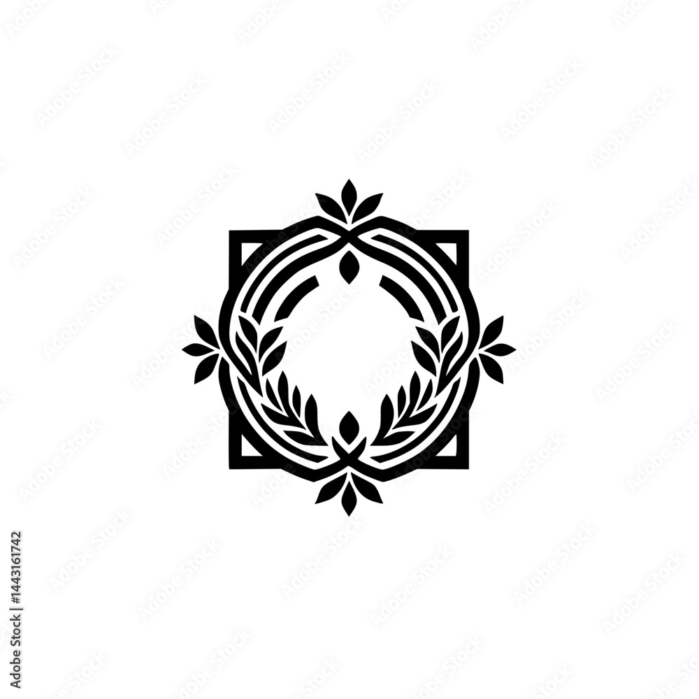 Fototapeta premium Minimalist Floral Emblem: Geometric Black and White Design for Branding