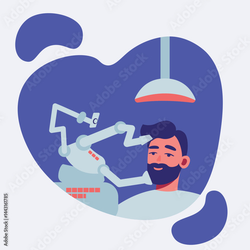 Vector illustration of a man getting his beard cut and styled by a robot. Beauty salon from the future.  Robot barber. Technologies