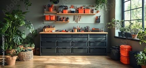 Organized Home Workshop with Abundant Greenery: A Serene and Efficient Space