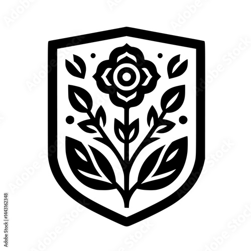 Floral Crest Emblem: Minimalist Rose Design in Black & White