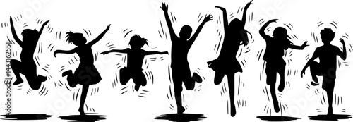 Energetic Jumping Silhouettes in Motion – Joyful Black and White Abstract Human Figures