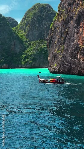 Natural scenery Traditional Thai long tail boat on the sea at Phi-Phi Island, Thailand